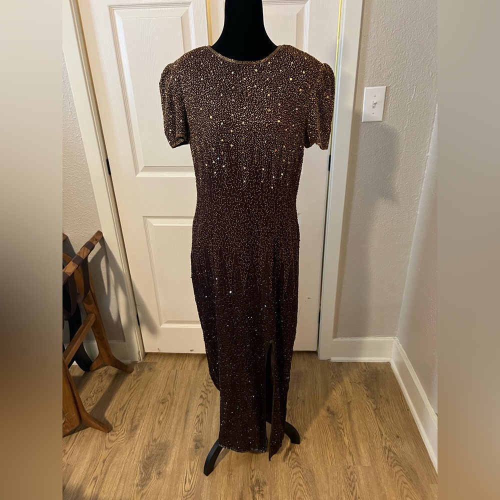 Vintage Stenay Brown and Gold Espresso Beaded Gown
